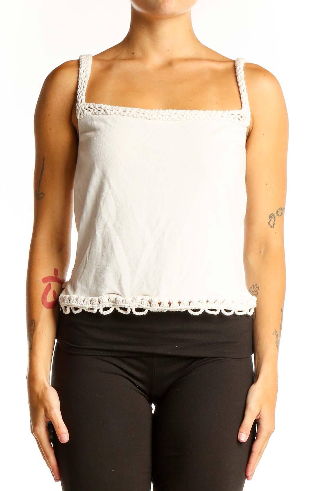 Front view of white Max Studio tank top with crochet trim