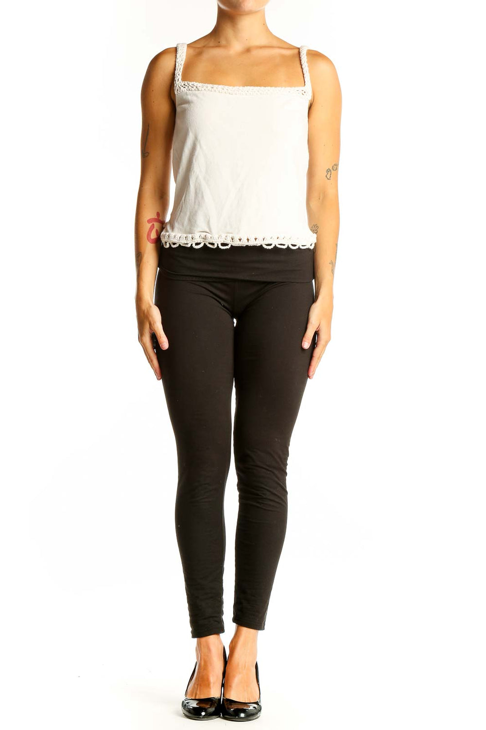 Front view of white Max Studio tank top with crochet trim