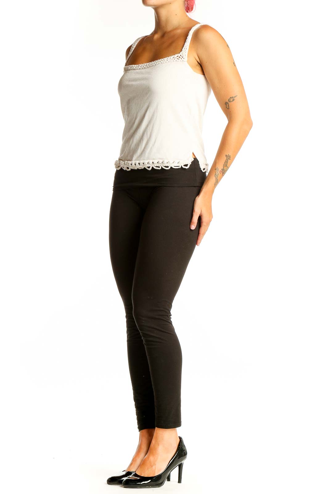 Front view of white Max Studio tank top with crochet trim