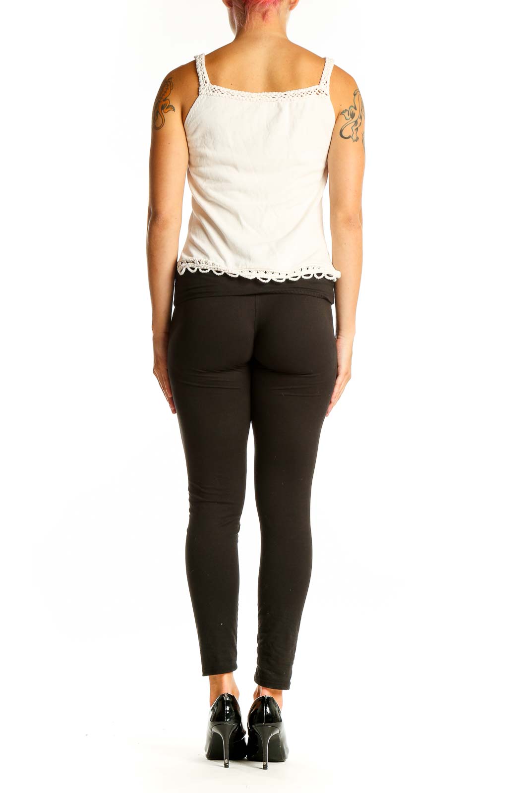 Side view of white Max Studio tank top with crochet trim hem