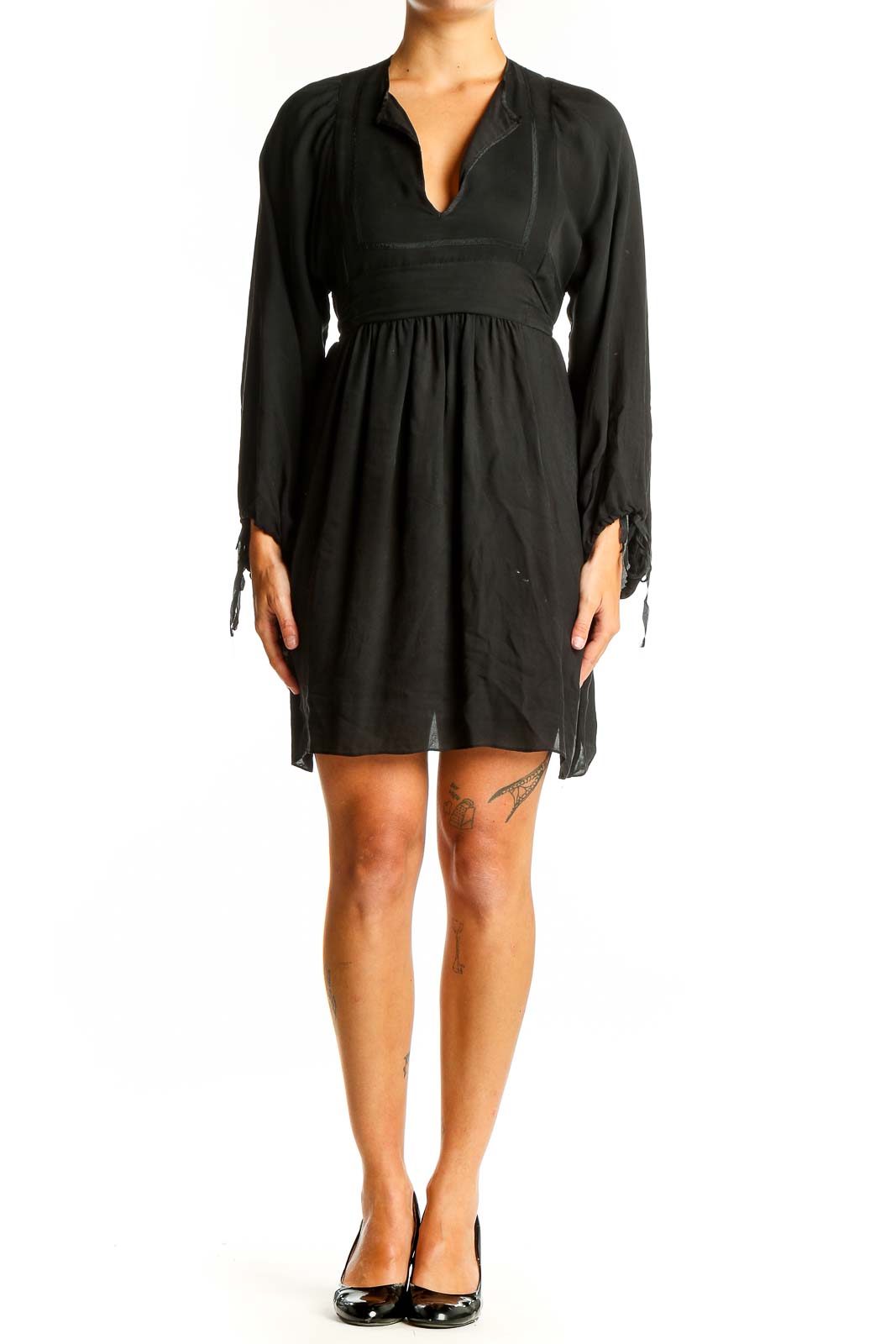 Front view of black Betsey Johnson dress with V-neck and empire waist