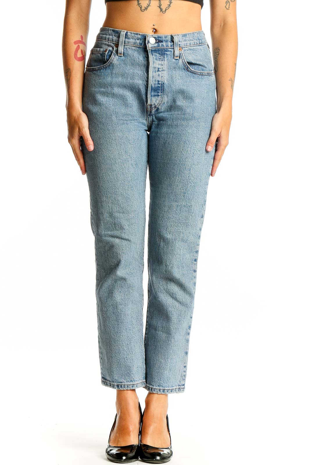 Front view of Levi's light blue straight leg jeans on model