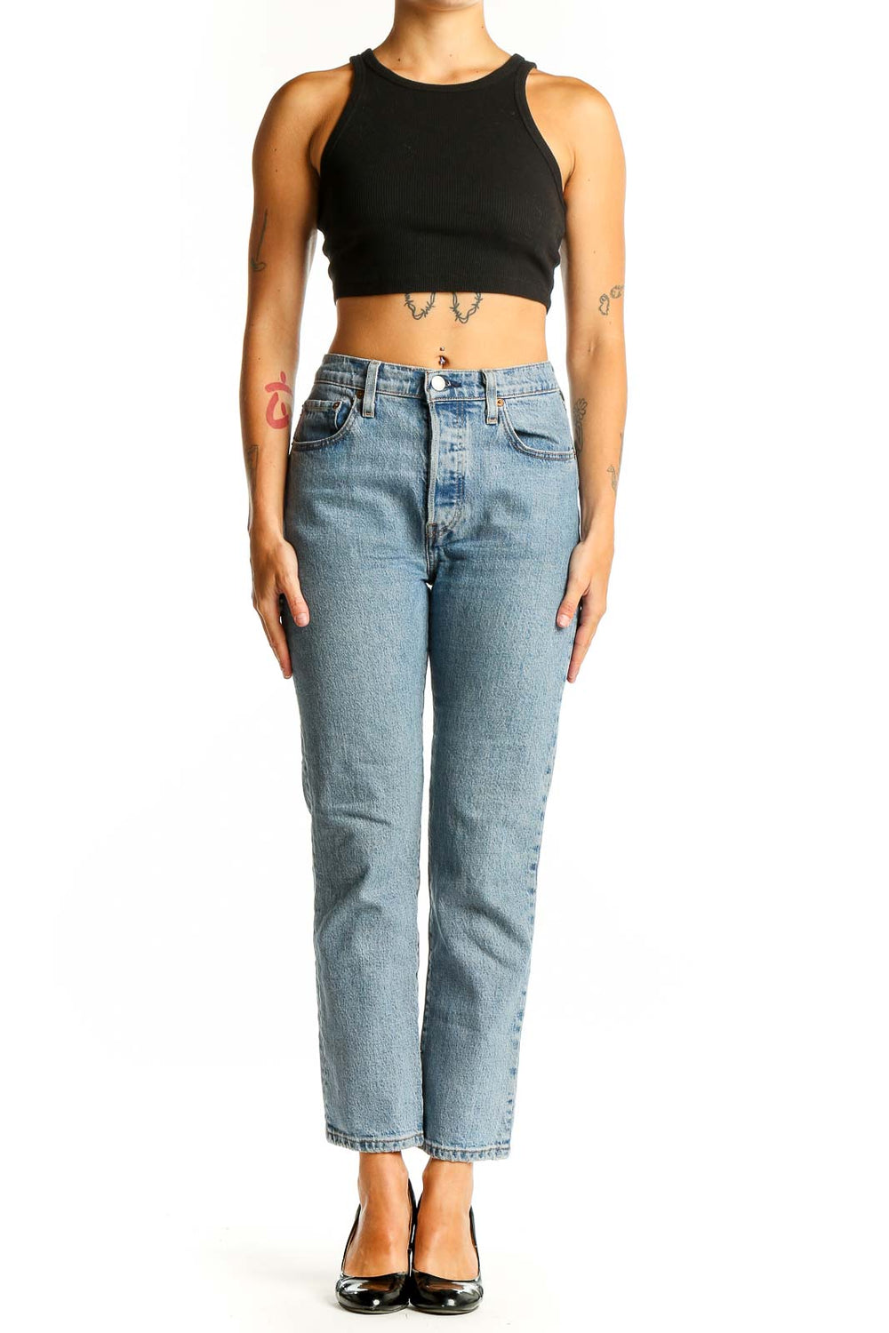 Front view of Levi's light blue straight leg jeans on model
