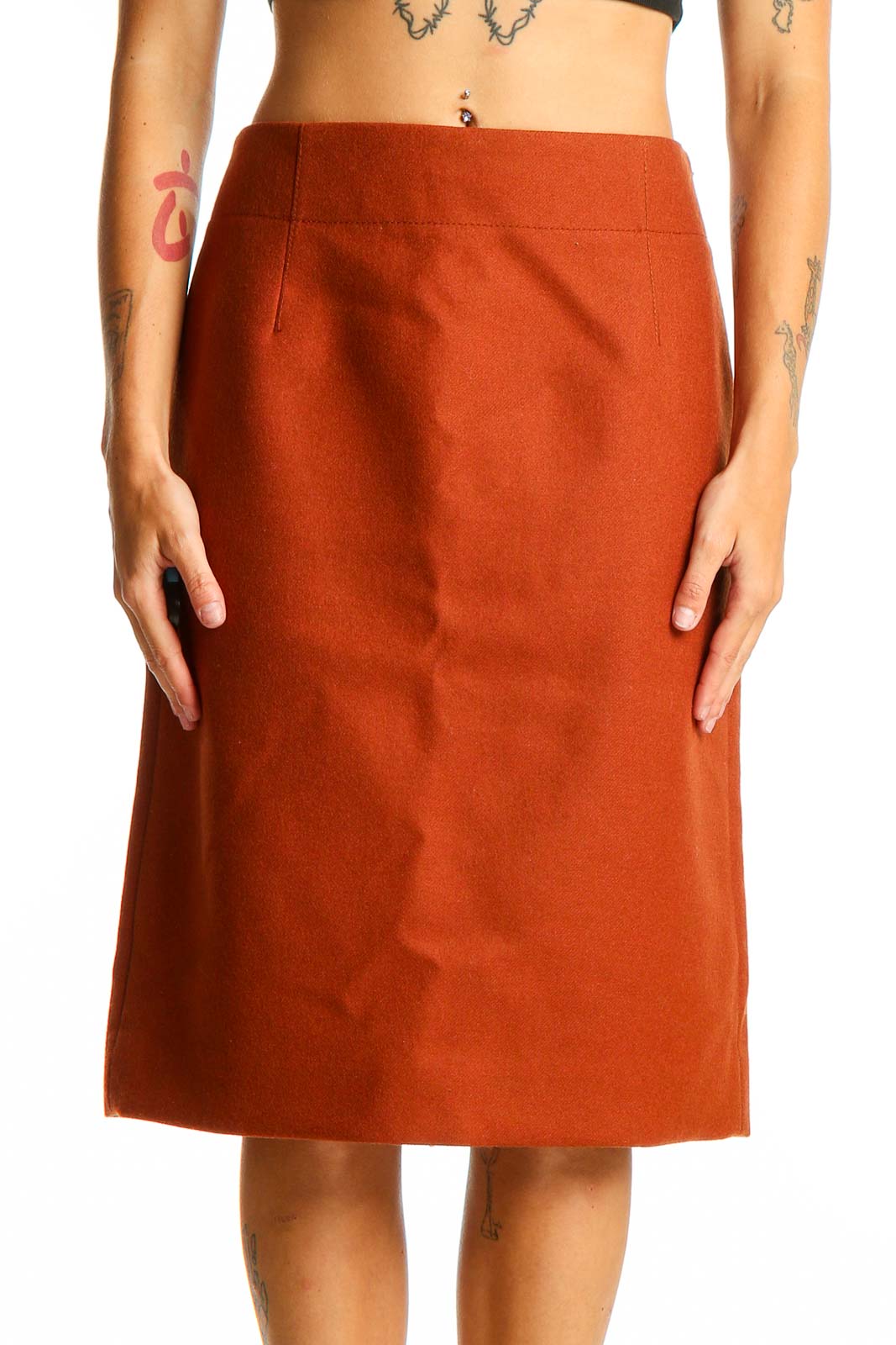 Front view of J.Crew rust wool-blend pencil skirt