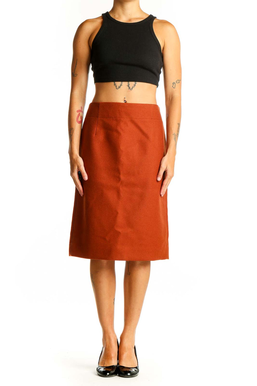 Front view of J.Crew rust wool-blend pencil skirt