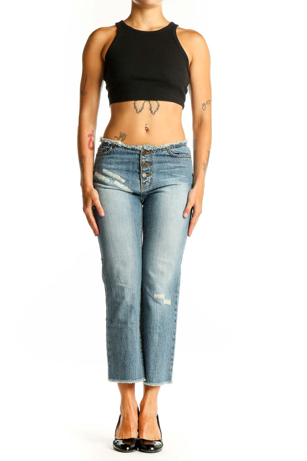 Front view of California Dream light blue distressed cropped jeans with button-fly