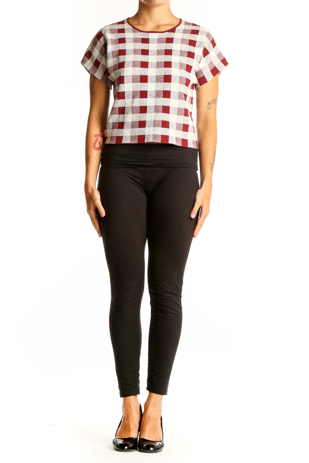 Front view of SilkRoll red and white checkered crop top