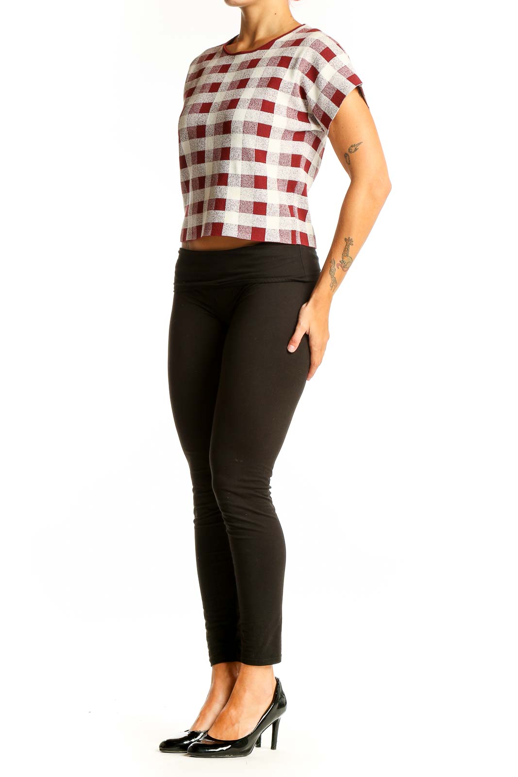 Front view of SilkRoll red and white checkered crop top