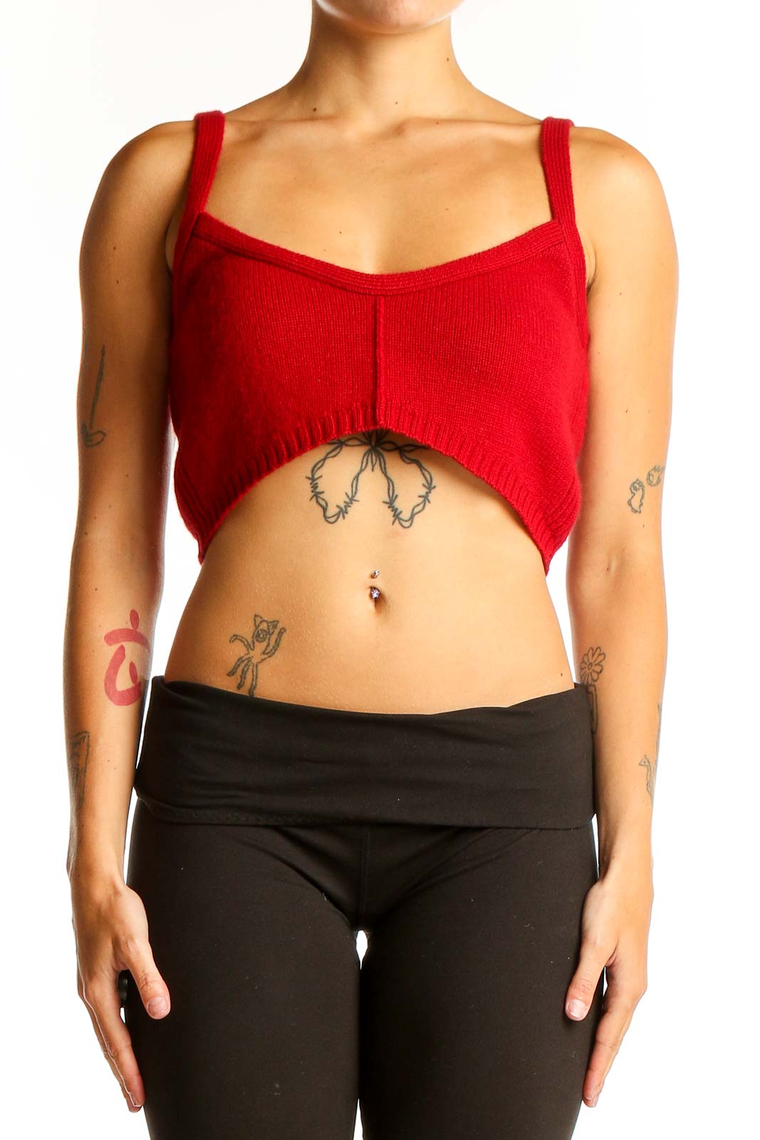Front view of red cashmere cropped tank top with ribbed texture