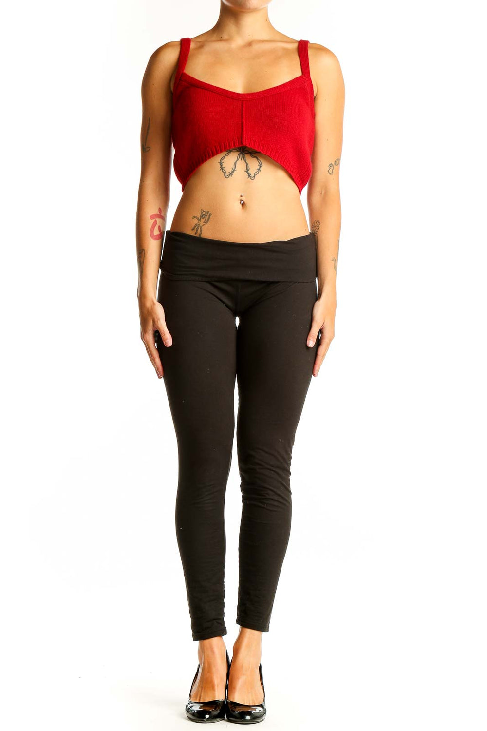 Front view of red cashmere cropped tank top with ribbed texture