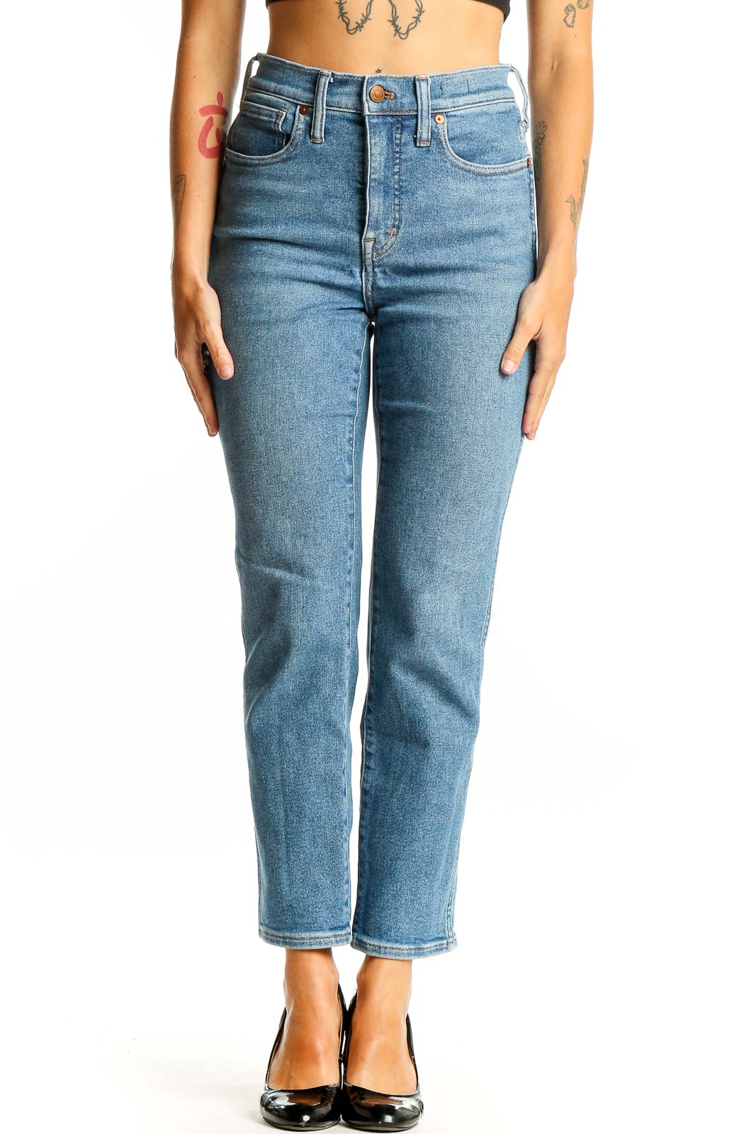 Front view of Madewell light blue high-waisted straight leg jeans