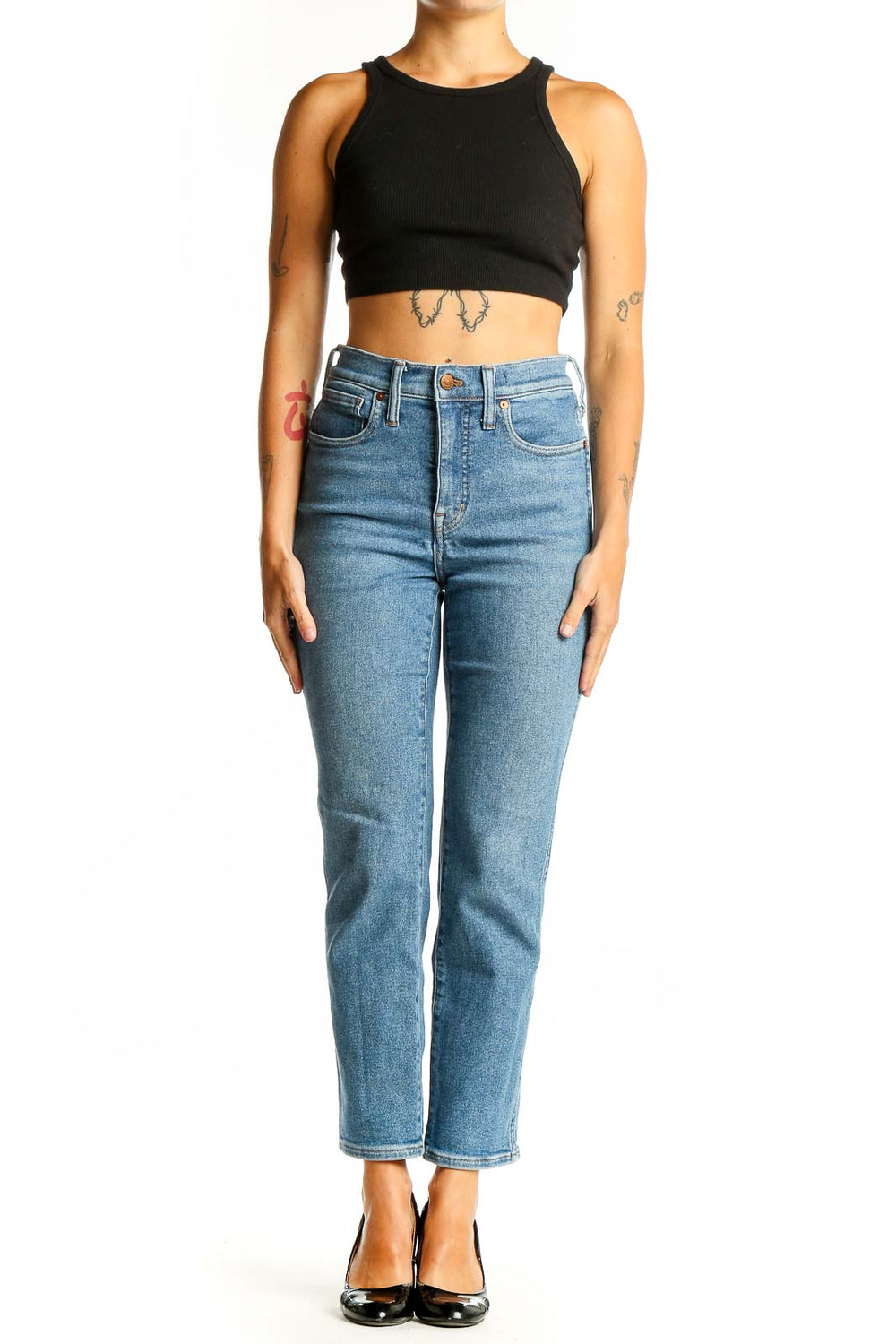 Front view of Madewell light blue high-waisted straight leg jeans