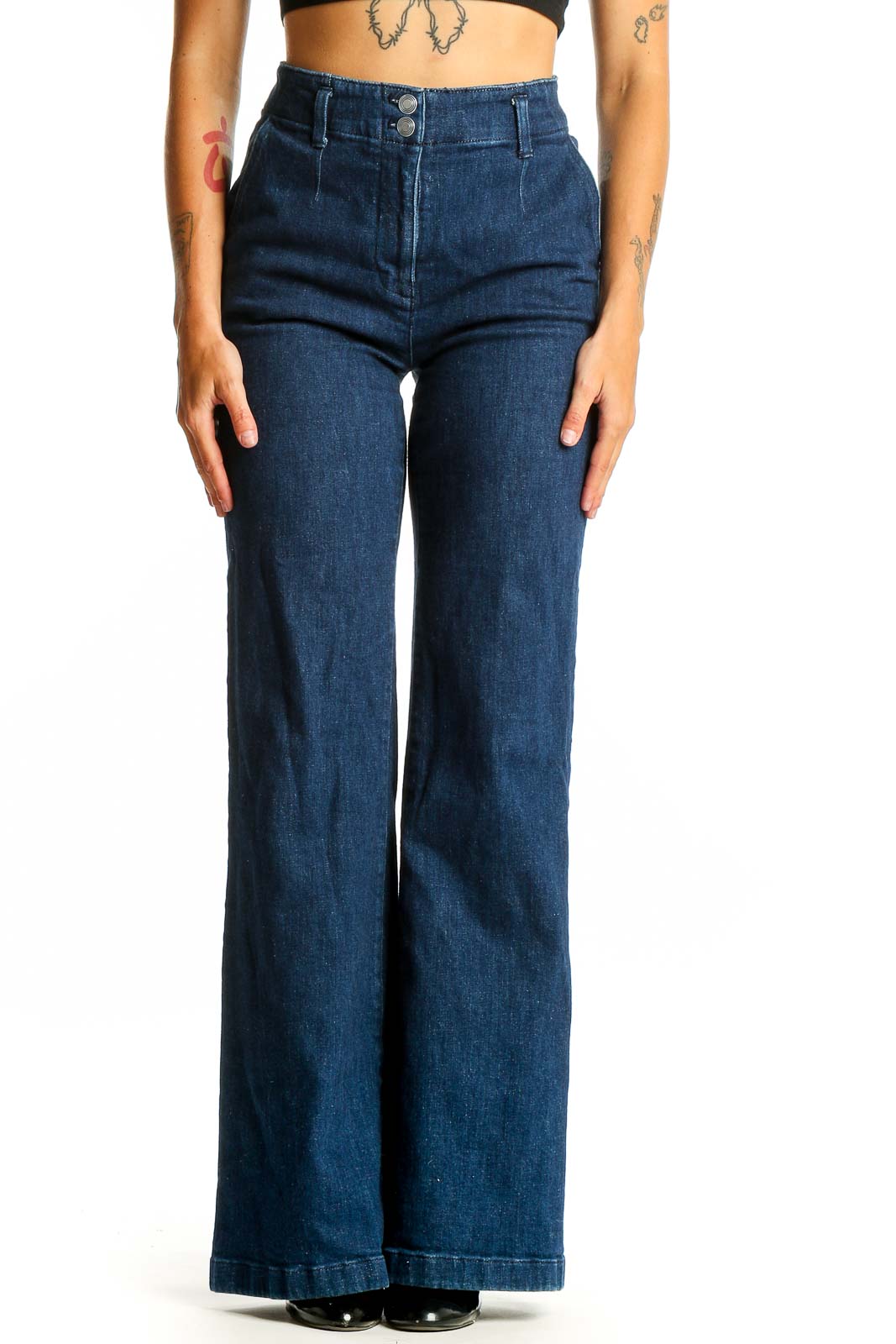 Front view of Maeve dark blue high-waisted wide-leg jeans on model