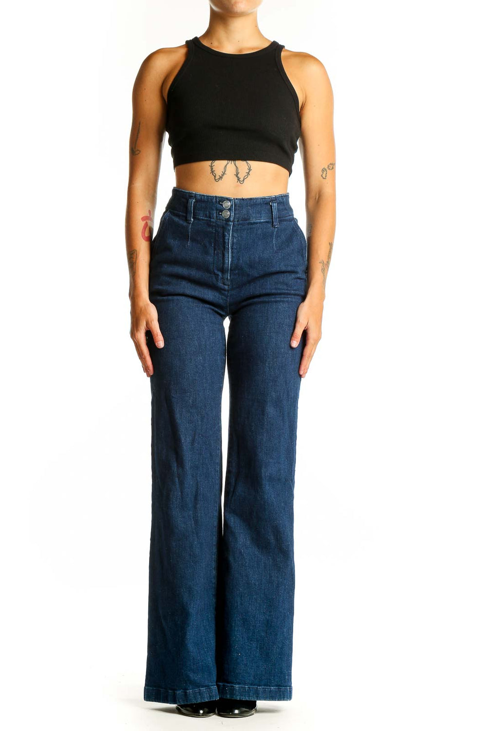 Front view of Maeve dark blue high-waisted wide-leg jeans on model