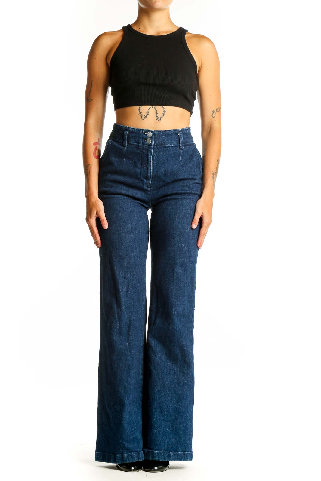 Front view of Maeve dark blue high-waisted wide-leg jeans on model