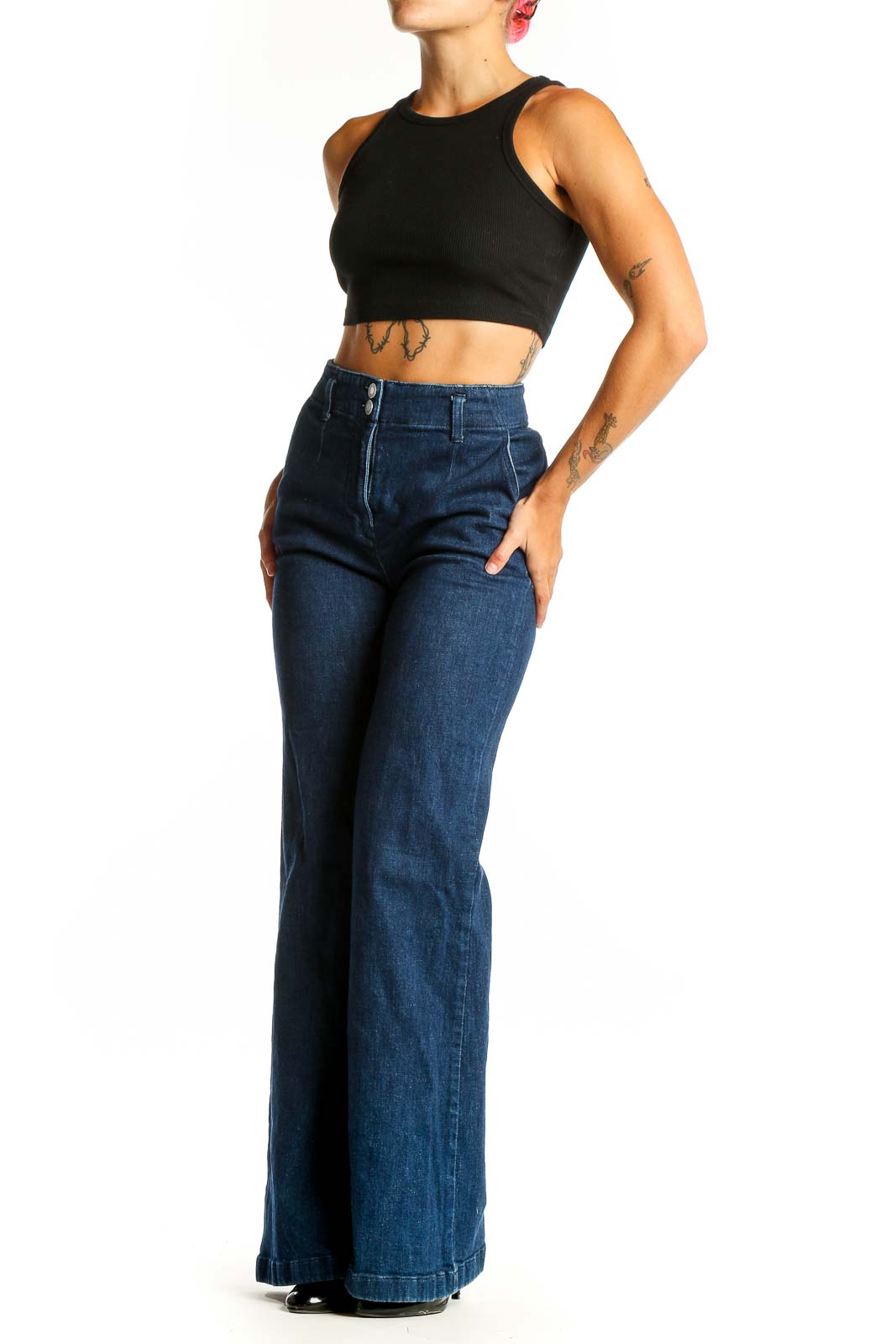 Front view of Maeve dark blue high-waisted wide-leg jeans on model