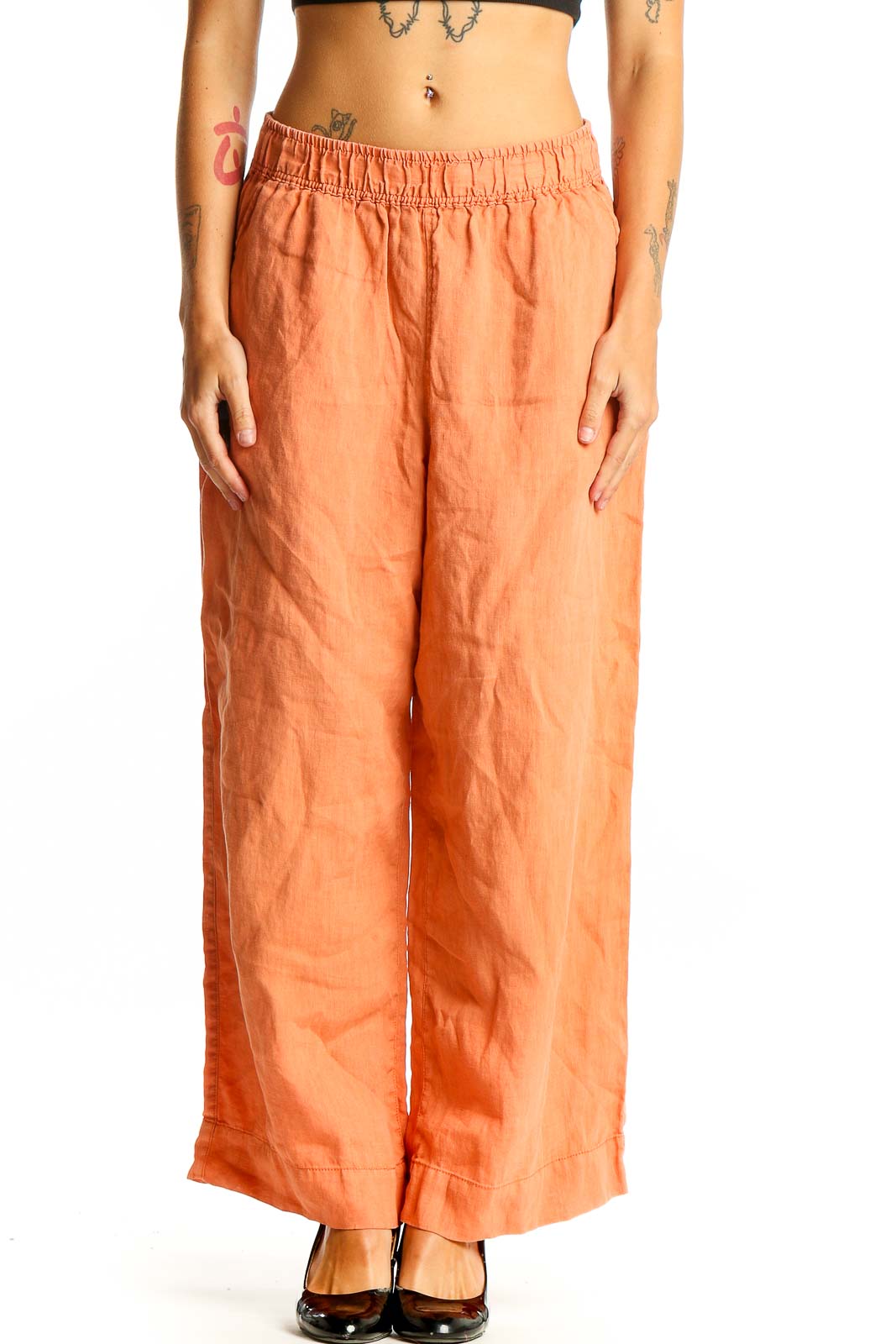 Front view of Tahari orange linen wide-leg pants with elastic waistband
