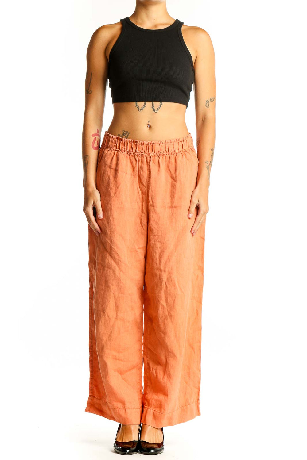 Front view of Tahari orange linen wide-leg pants with elastic waistband