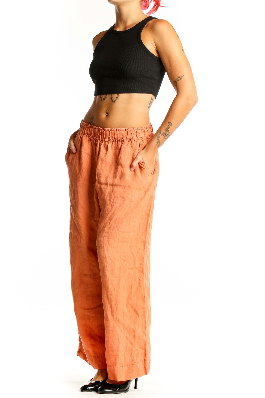 Front view of Tahari orange linen wide-leg pants with elastic waistband