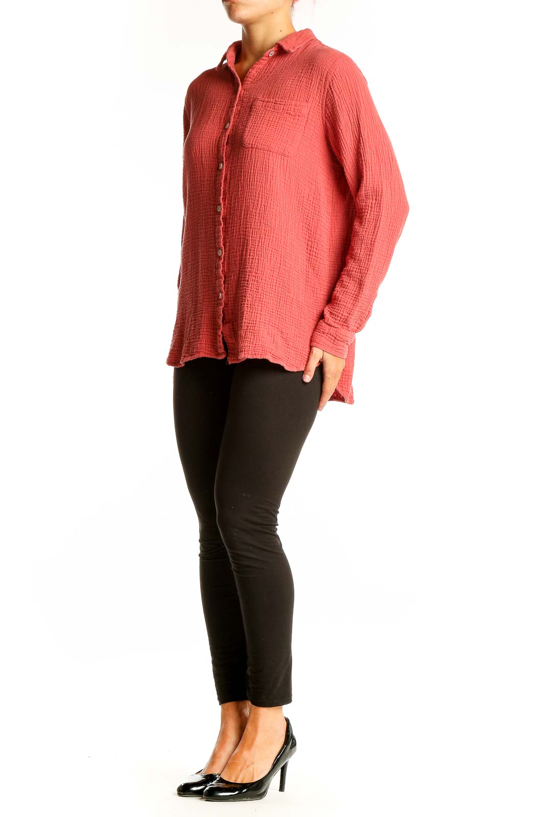 Front view of Jessica Simpson coral textured button-down shirt