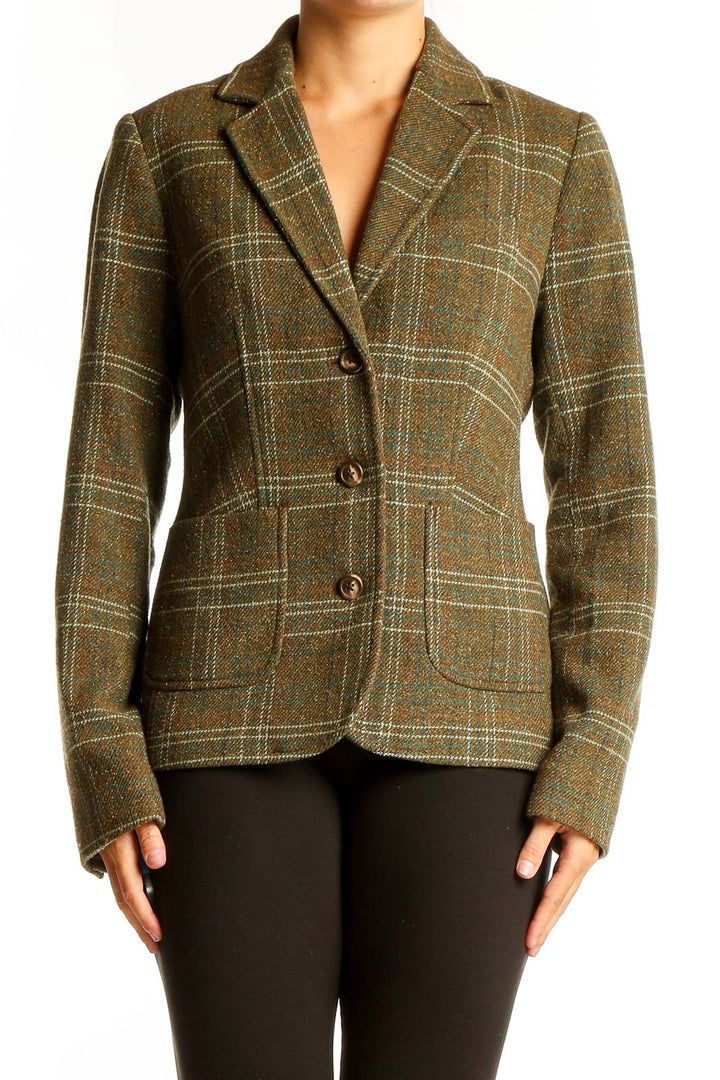 Front view of L.L.Bean olive plaid wool blend blazer