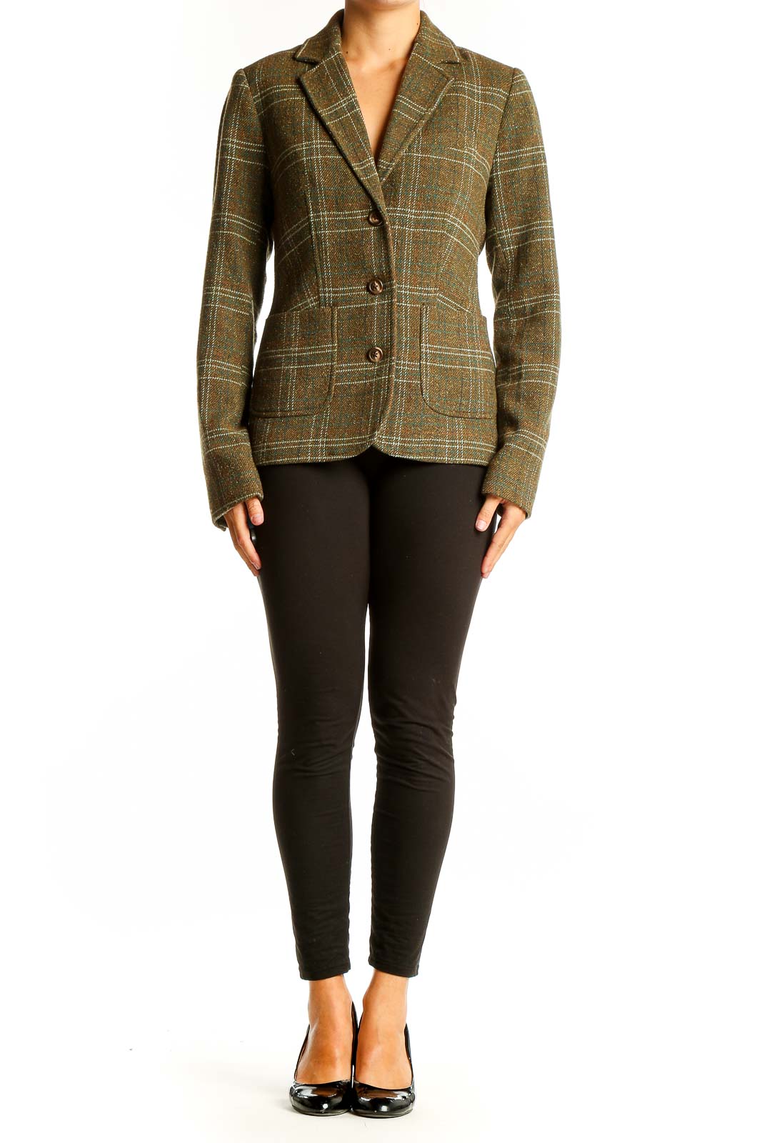 Front view of L.L.Bean olive plaid wool blend blazer