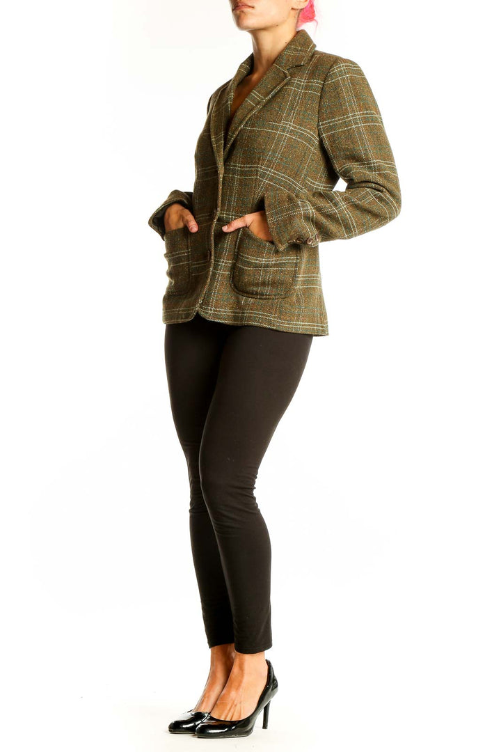 Front view of L.L.Bean olive plaid wool blend blazer