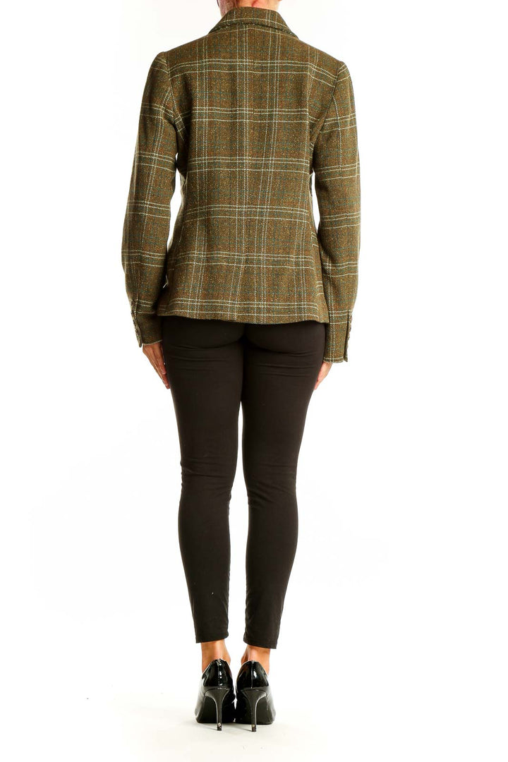Side view of woman wearing L.L.Bean olive plaid wool blend blazer with black pants