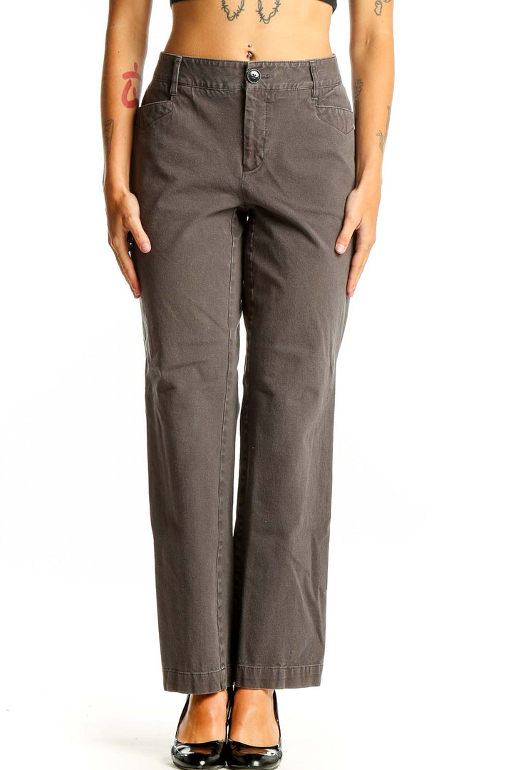 Front view of Eddie Bauer gray straight leg pants