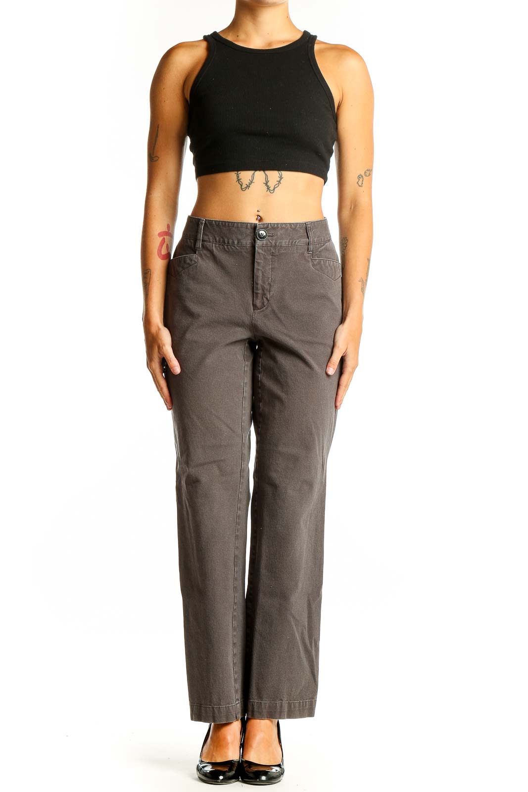 Front view of Eddie Bauer gray straight leg pants