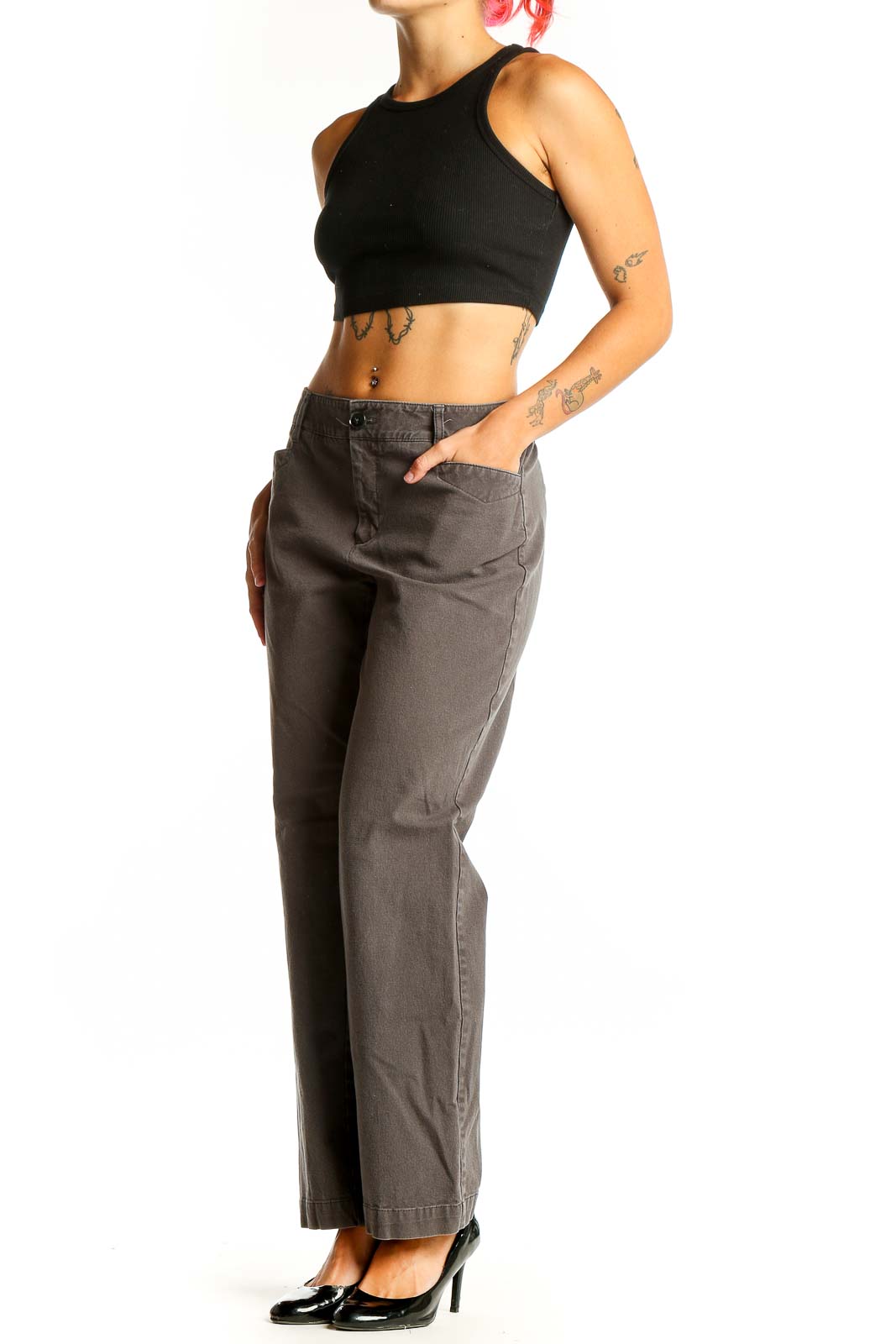Front view of Eddie Bauer gray straight leg pants