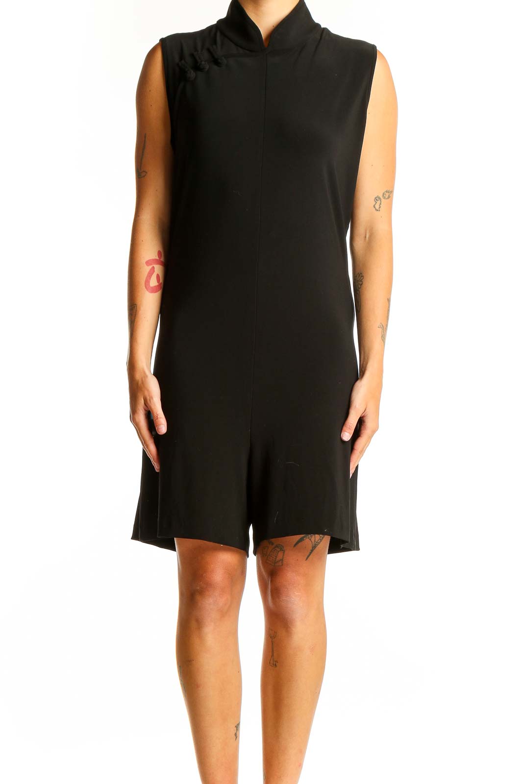 Front view of NORMA KAMALI black sleeveless jumpsuit with high neckline