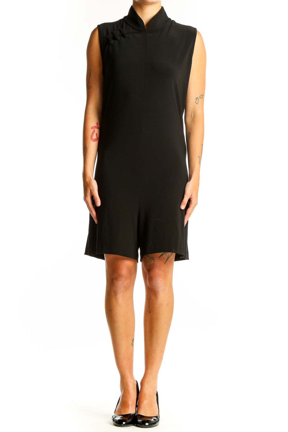 Front view of NORMA KAMALI black sleeveless jumpsuit with high neckline
