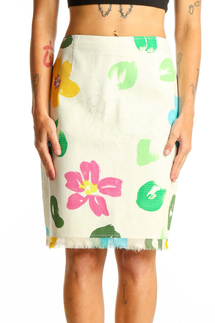 Front view of cream SilkRoll pencil skirt with colorful floral print