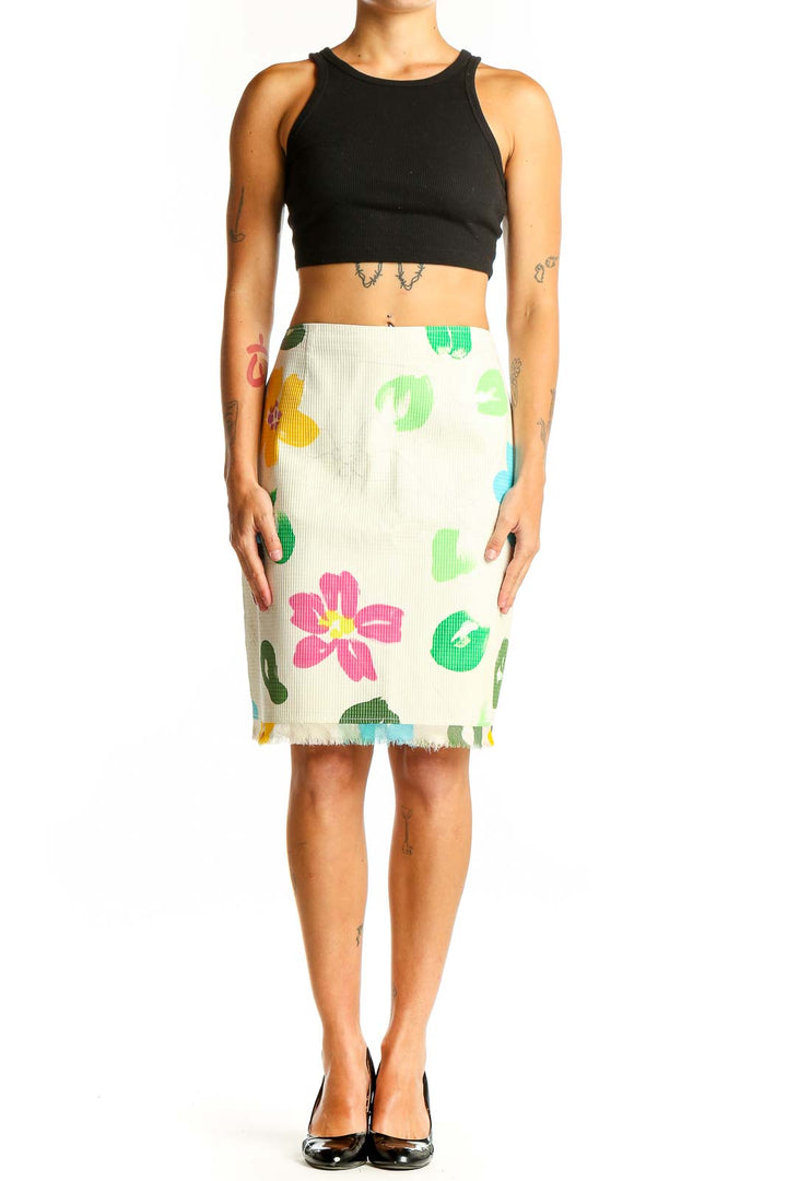 Front view of cream SilkRoll pencil skirt with colorful floral print