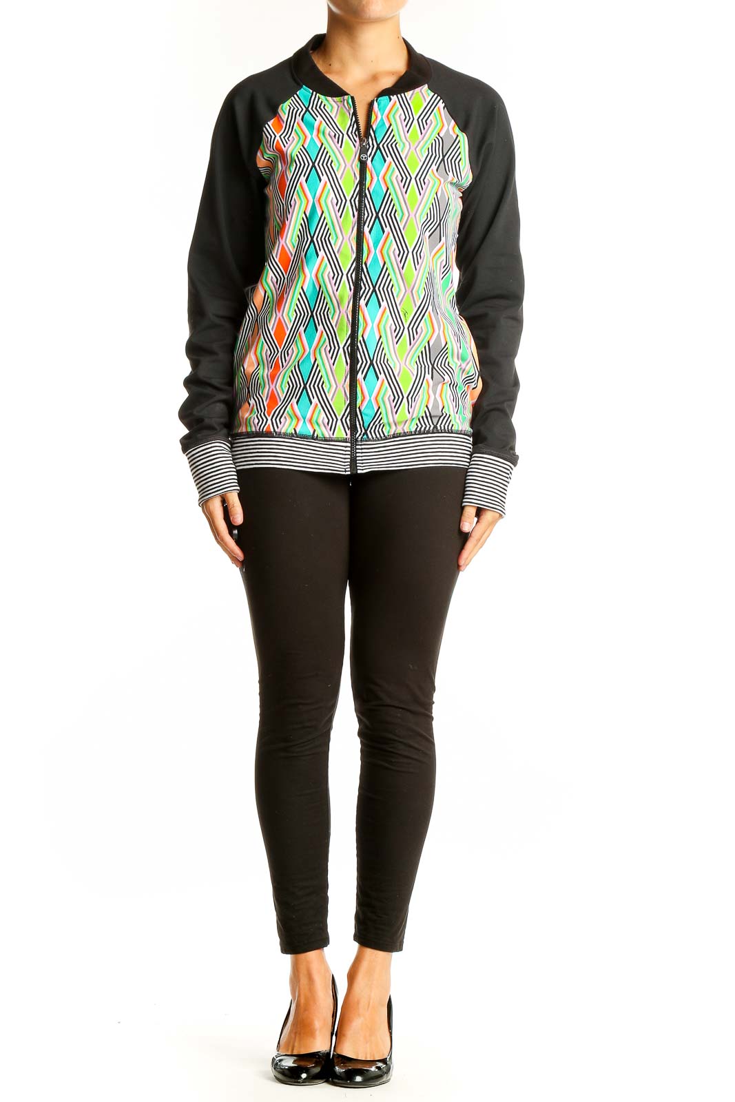 Front view of Trina Turk multicolor geometric print activewear jacket with black sleeves