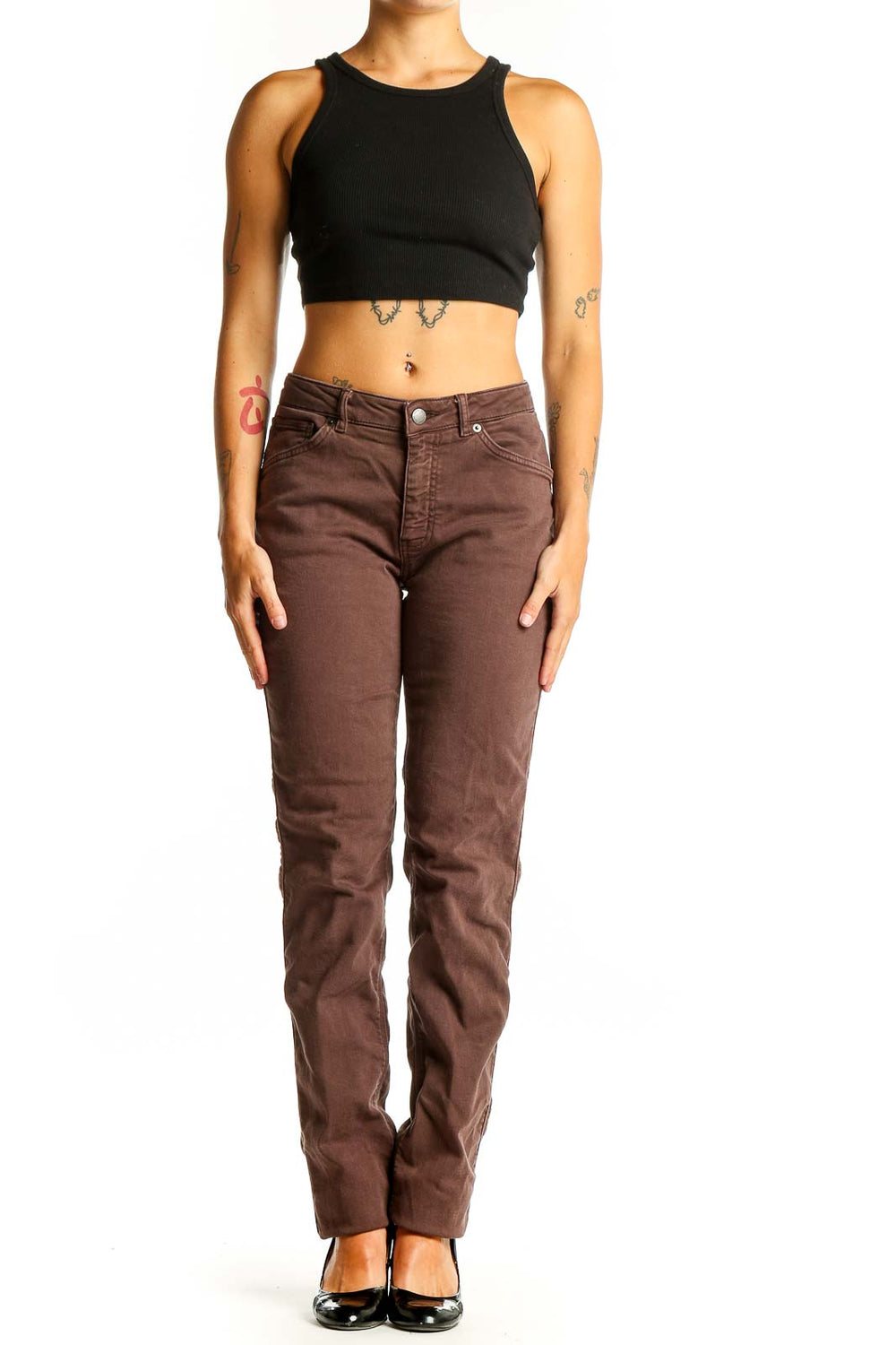 Front view of DU/ER brown straight leg jeans on model