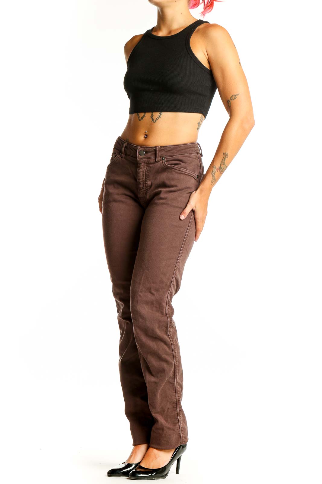 Front view of DU/ER brown straight leg jeans on model