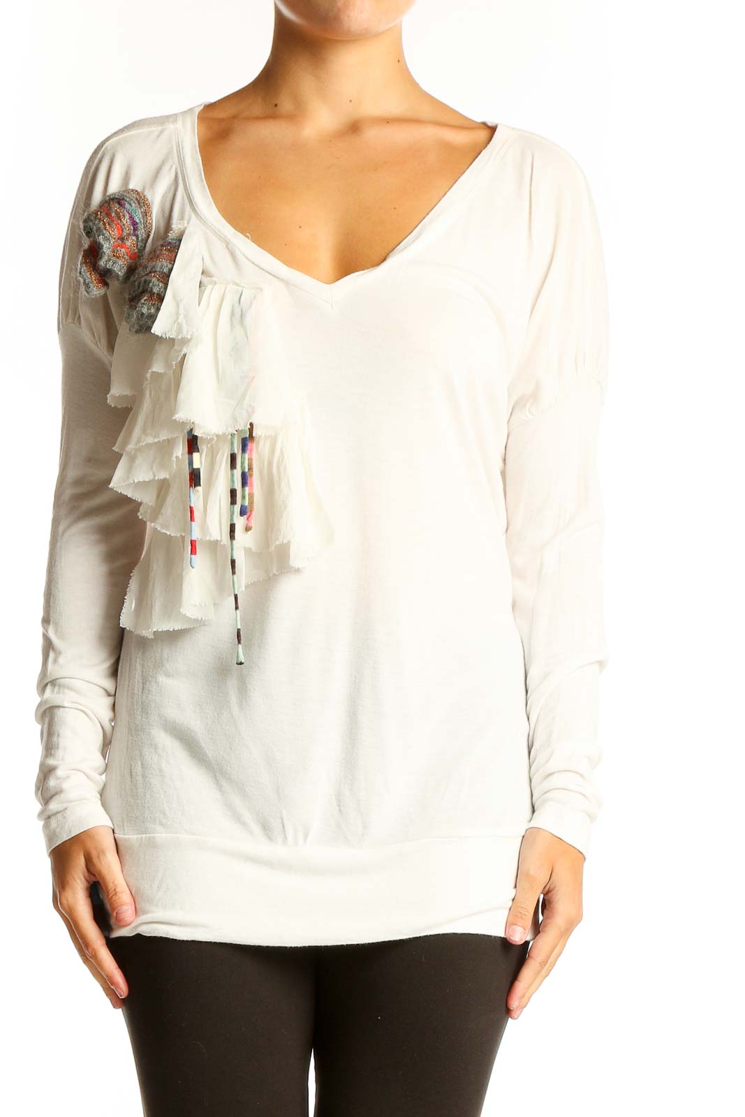 Front view of Missoni white viscose long-sleeve top with V-neck and ruffle detail
