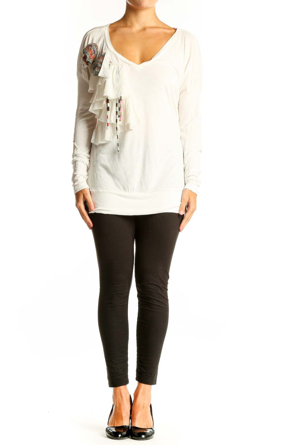 Front view of Missoni white viscose long-sleeve top with V-neck and ruffle detail