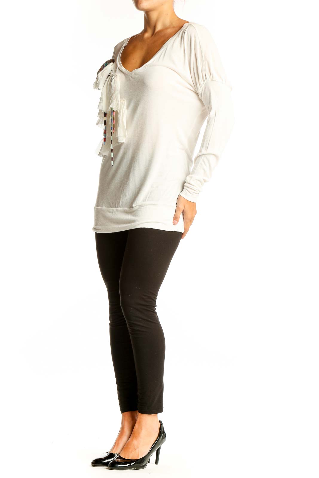 Front view of Missoni white viscose long-sleeve top with V-neck and ruffle detail