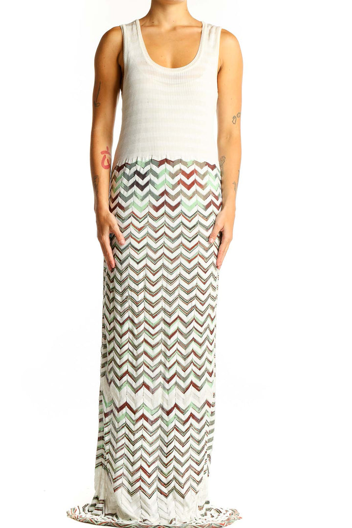 Front view of white chevron knit maxi dress by Mission