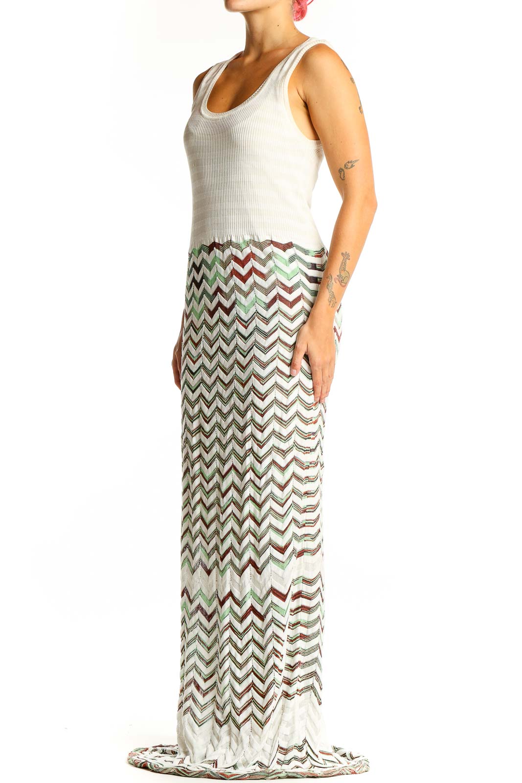 Front view of white chevron knit maxi dress by Mission