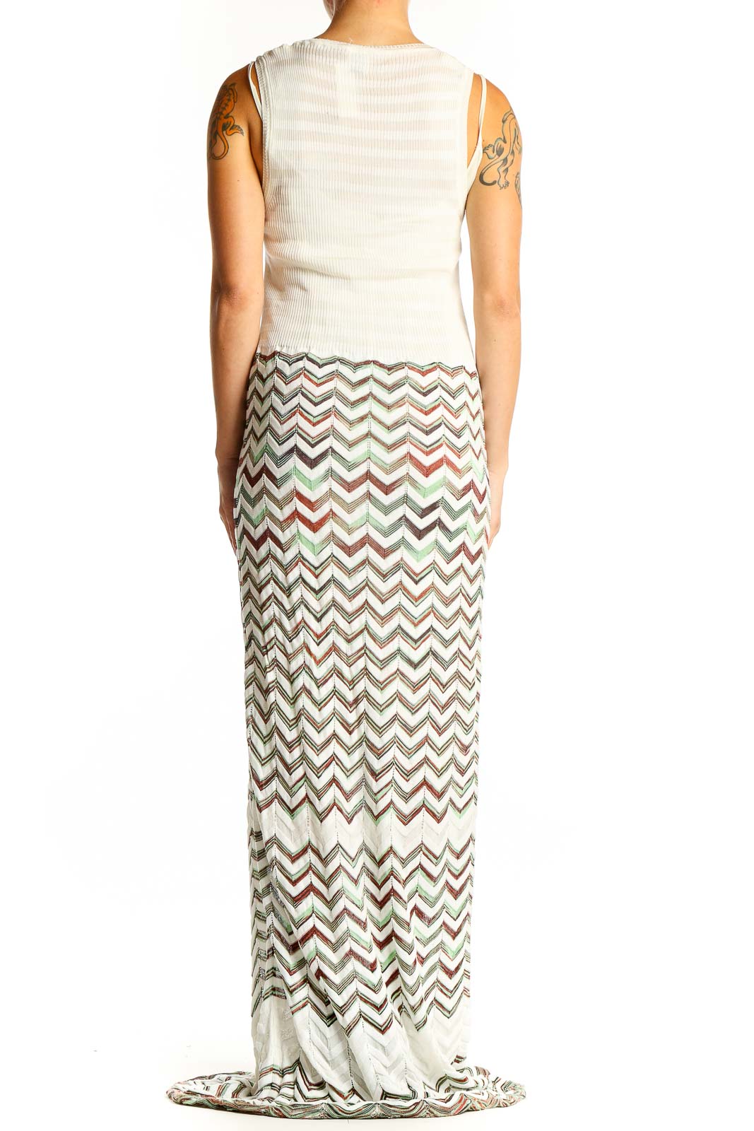 Side view of white chevron knit maxi dress by Mission showing pattern detail
