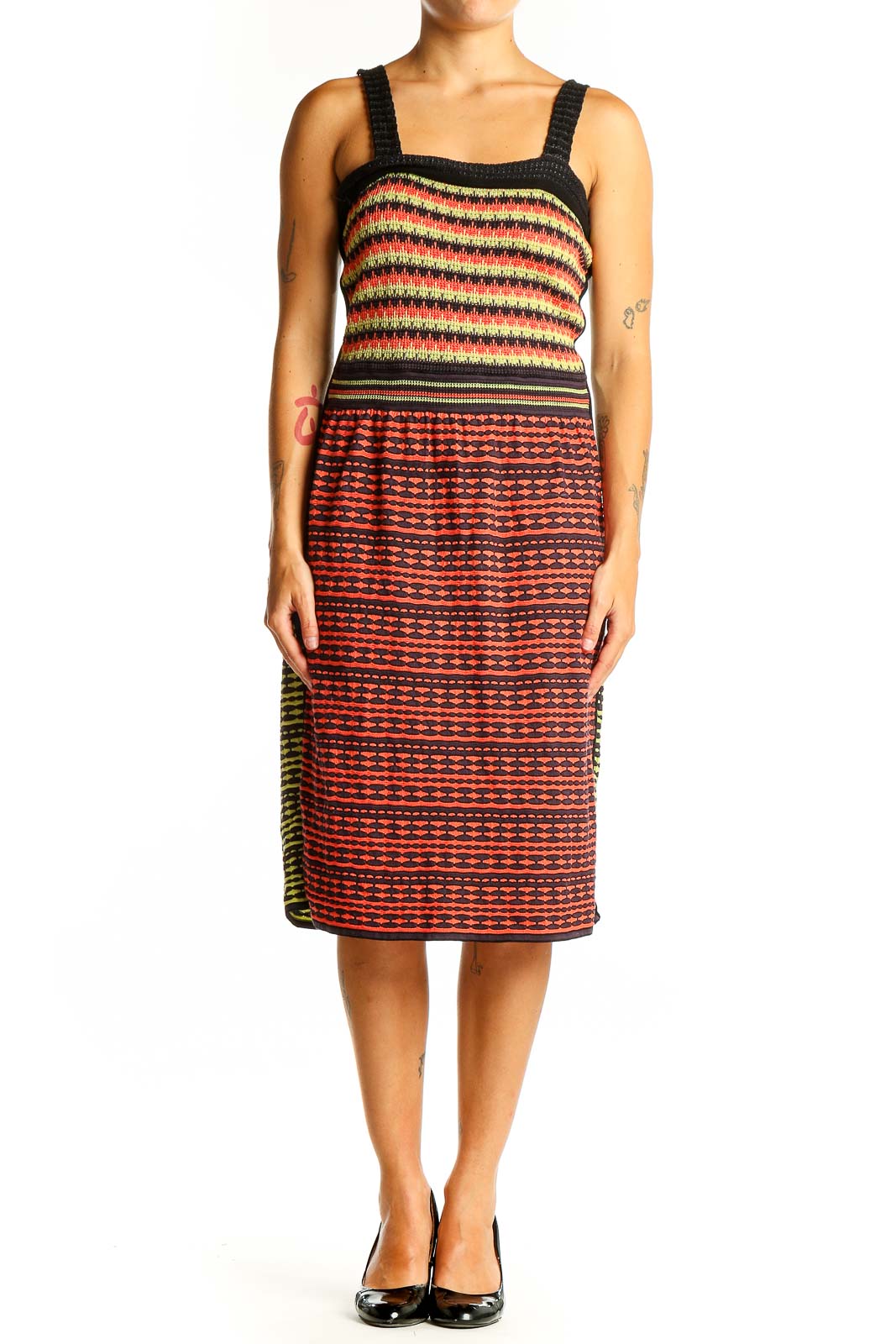 Front view of Missoni multicolor striped knit midi dress