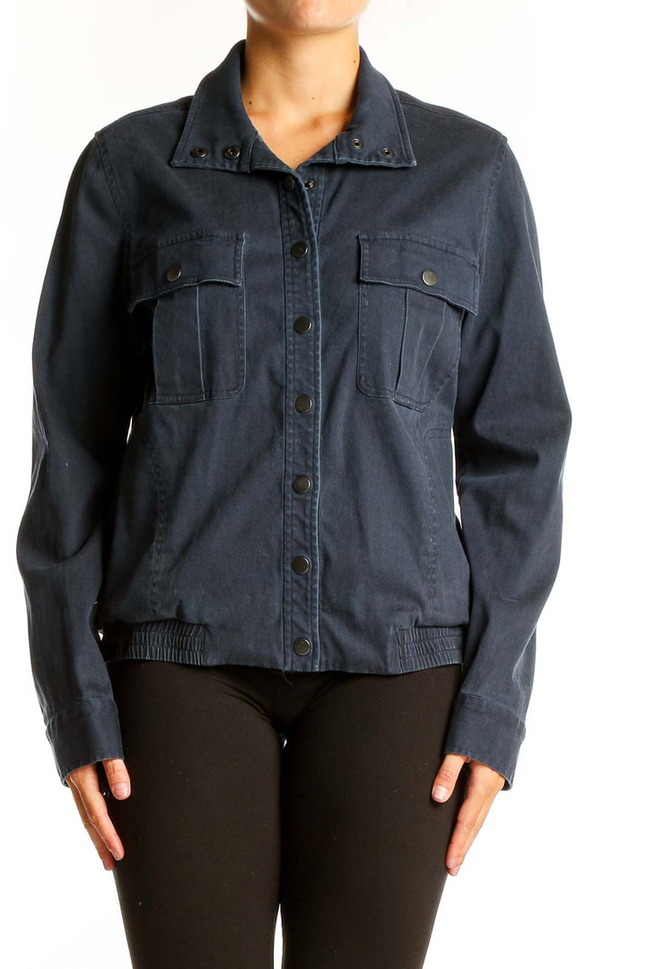 Front view of Pendleton navy utility jacket with button closure and chest pockets