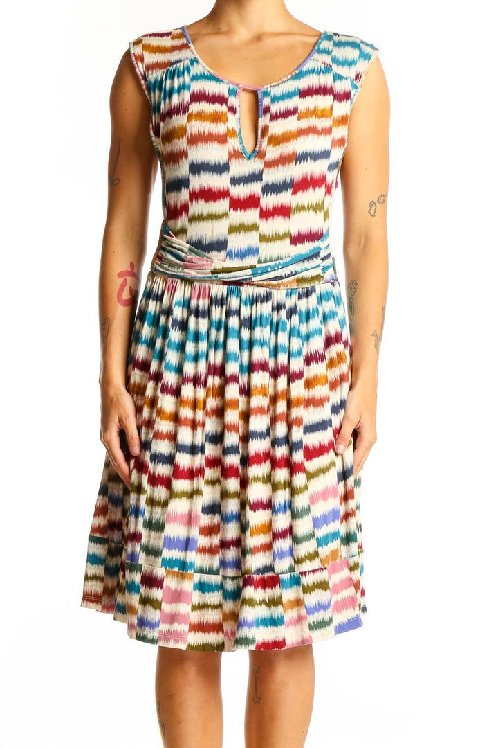 Front view of Maeve multicolor striped sleeveless midi dress with ikat-inspired print