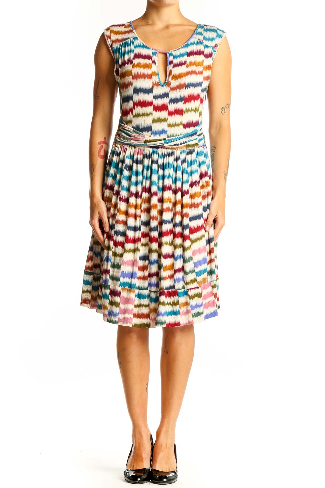 Front view of Maeve multicolor striped sleeveless midi dress with ikat-inspired print