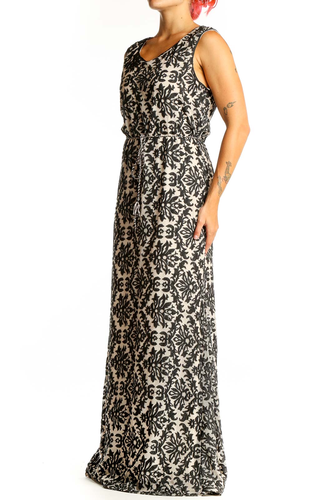 Front view of Chelsea & Violet Black and Beige Floral Maxi Dress