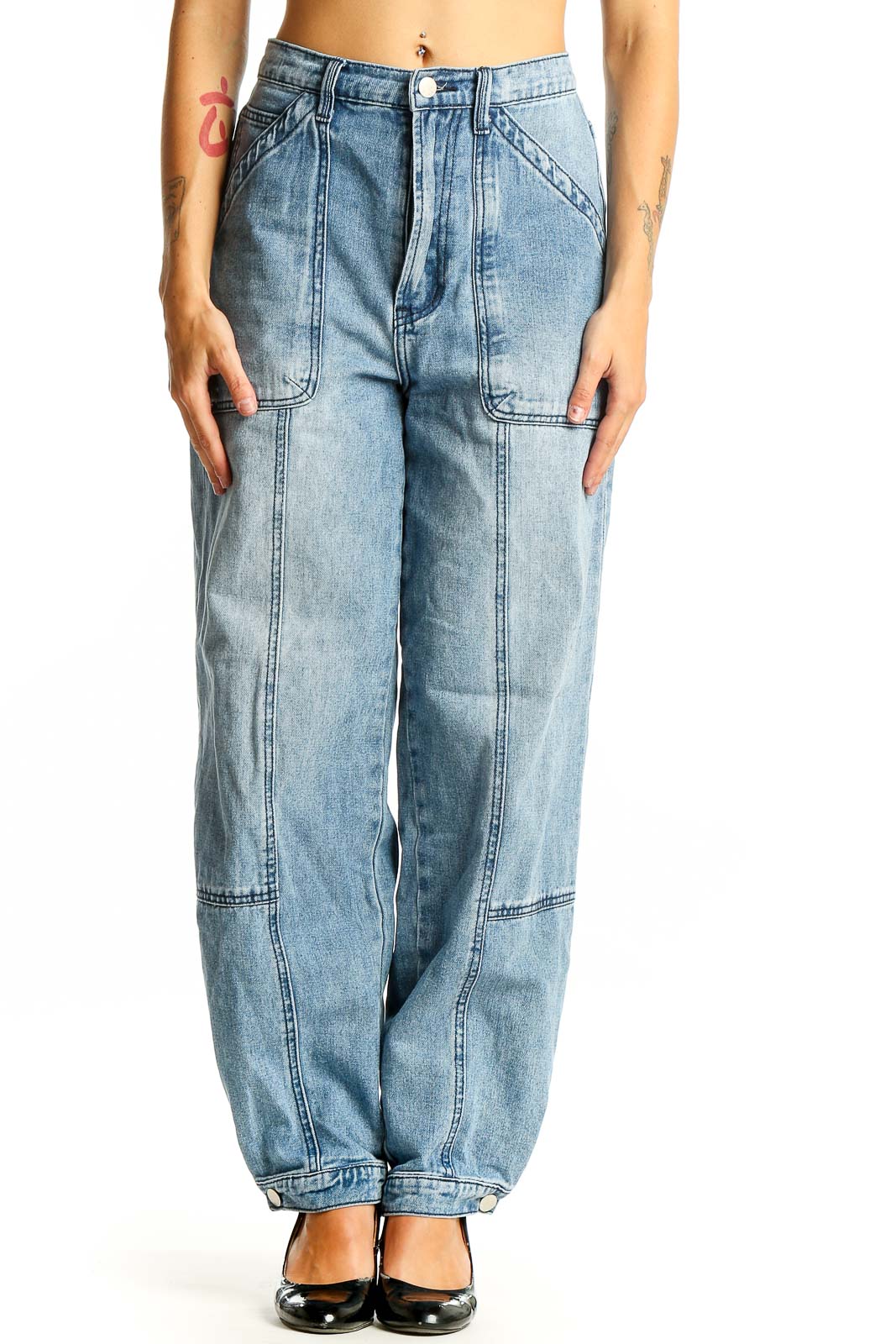 Front view of Elan light blue wide-leg carpenter jeans with large patch pockets